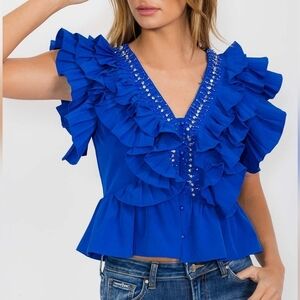 Beulah Style Cobalt Blue Embellished Top Ruffles Detail V-Neck